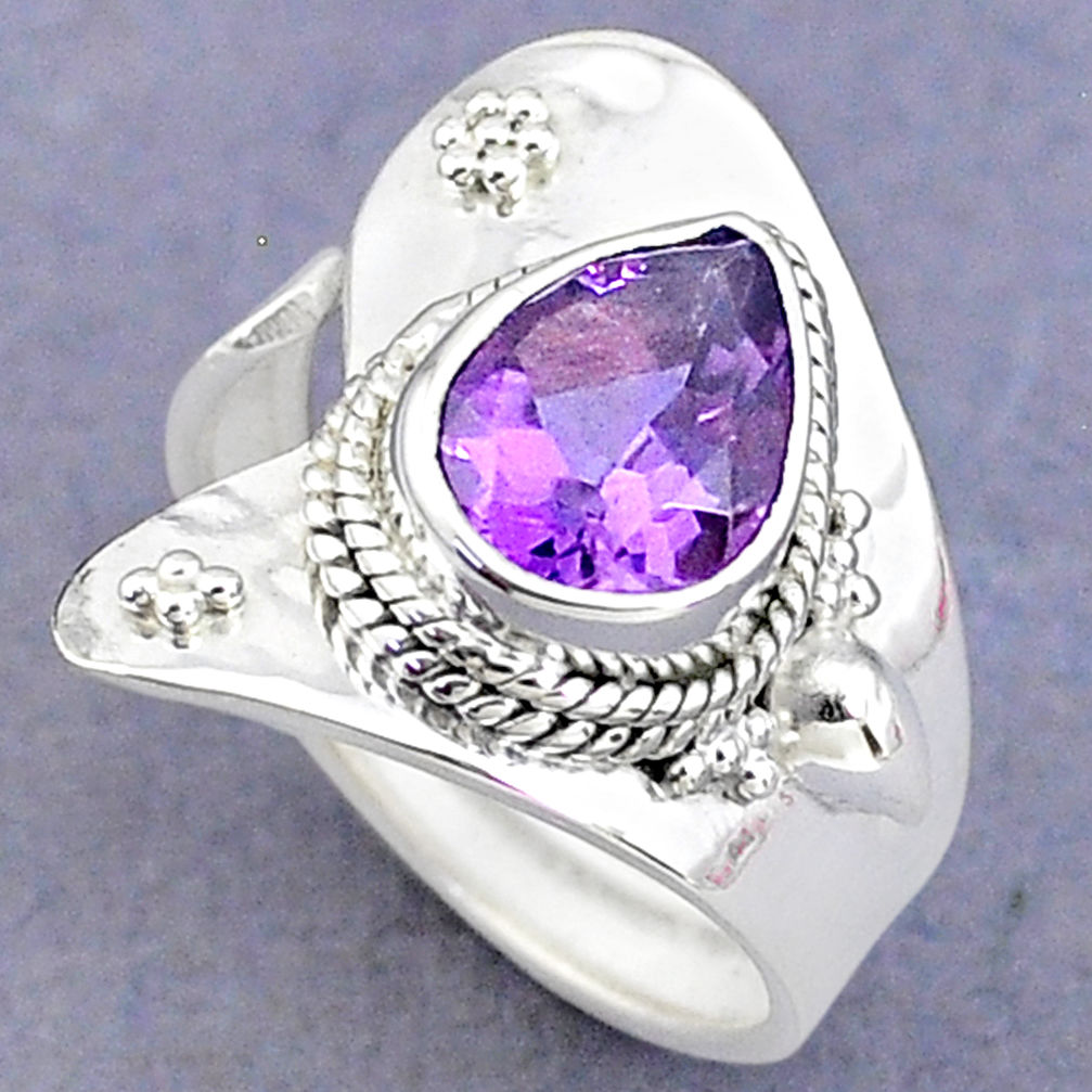 925 silver 4.03cts solitaire natural amethyst pear adjustable ring size 6 t8770