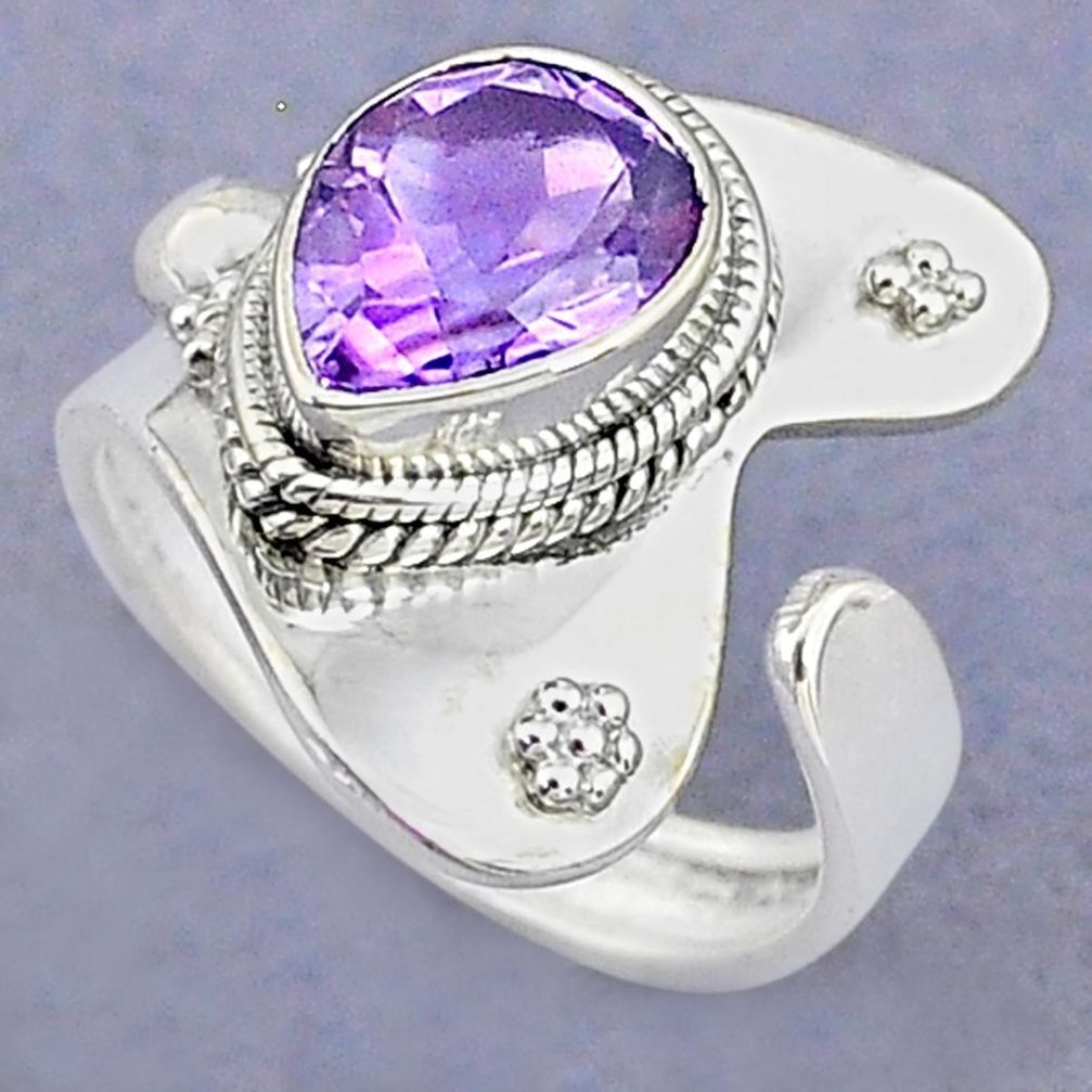 925 silver 4.02cts solitaire natural amethyst pear adjustable ring size 7 t8760