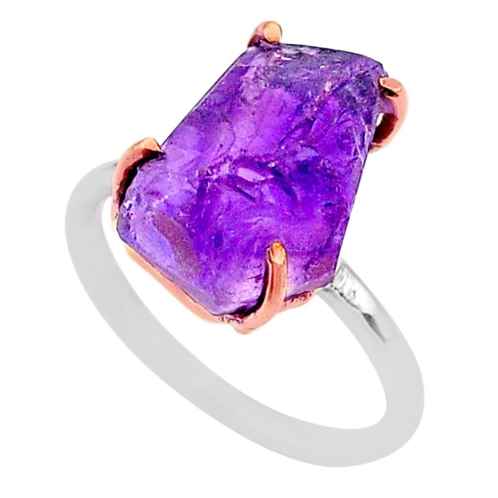 925 silver 6.61cts solitaire natural amethyst raw 14k gold ring size 6 t47160