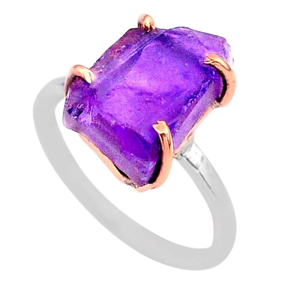925 silver 6.27cts solitaire natural amethyst raw 14k gold ring size 7 t47157