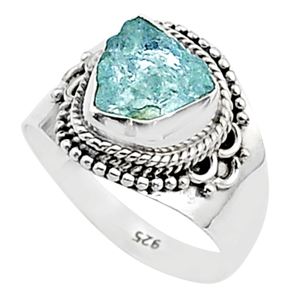 925 silver 4.02cts solitaire natural aqua aquamarine rough ring size 7.5 t66473