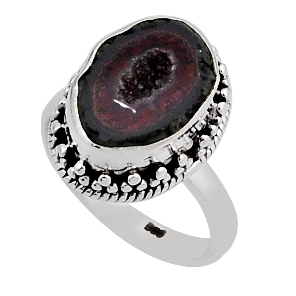 925 silver 6.02cts solitaire natural black geode druzy fancy ring size 6 n12863
