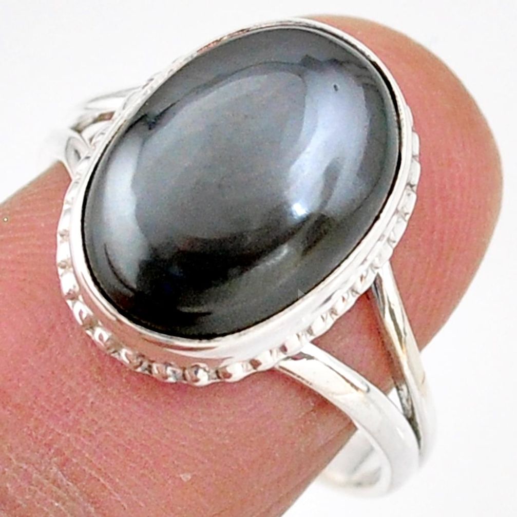 925 silver 6.36cts solitaire natural black hematite oval ring size 7.5 t91910