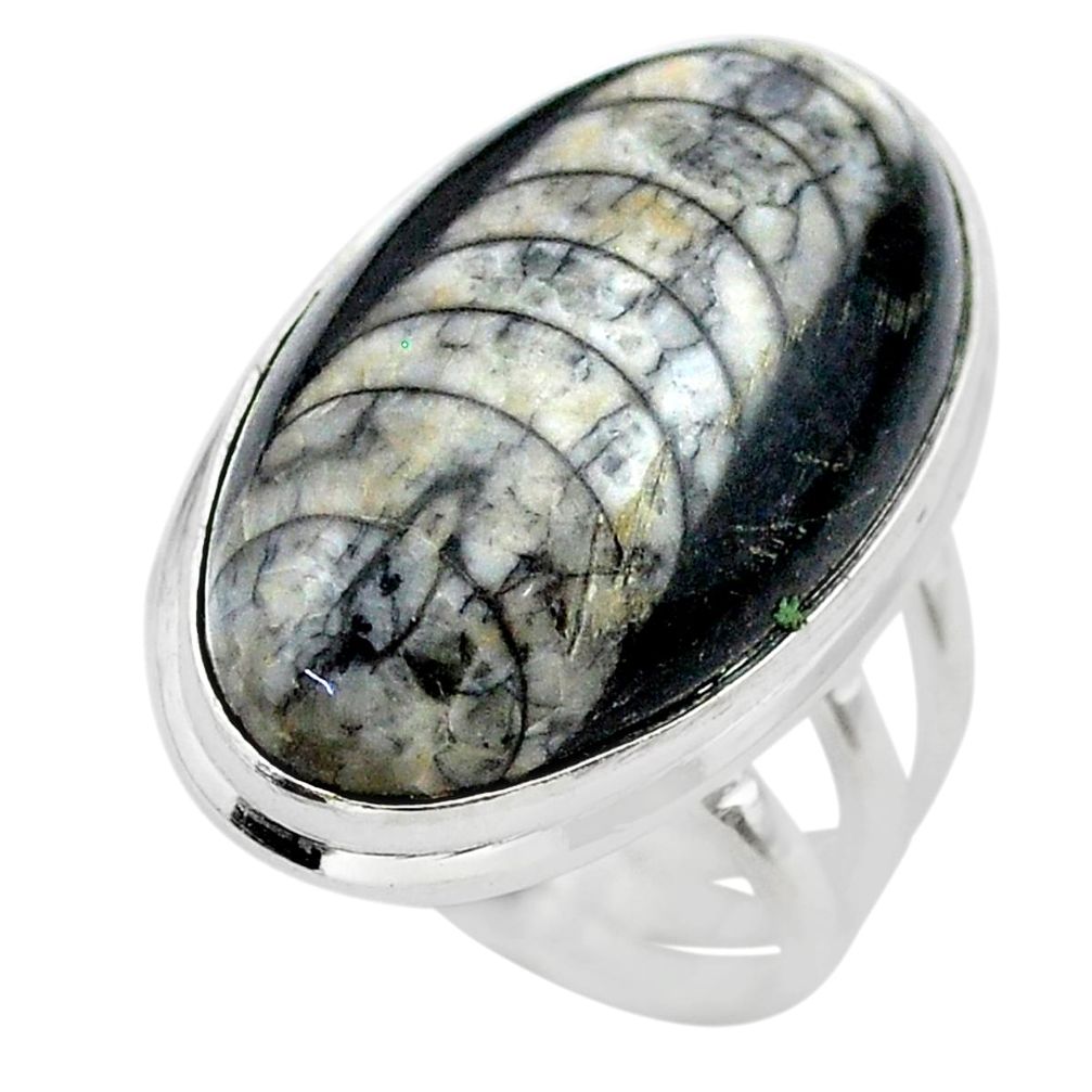 925 silver 24.00cts solitaire natural black orthoceras oval ring size 6.5 t28990