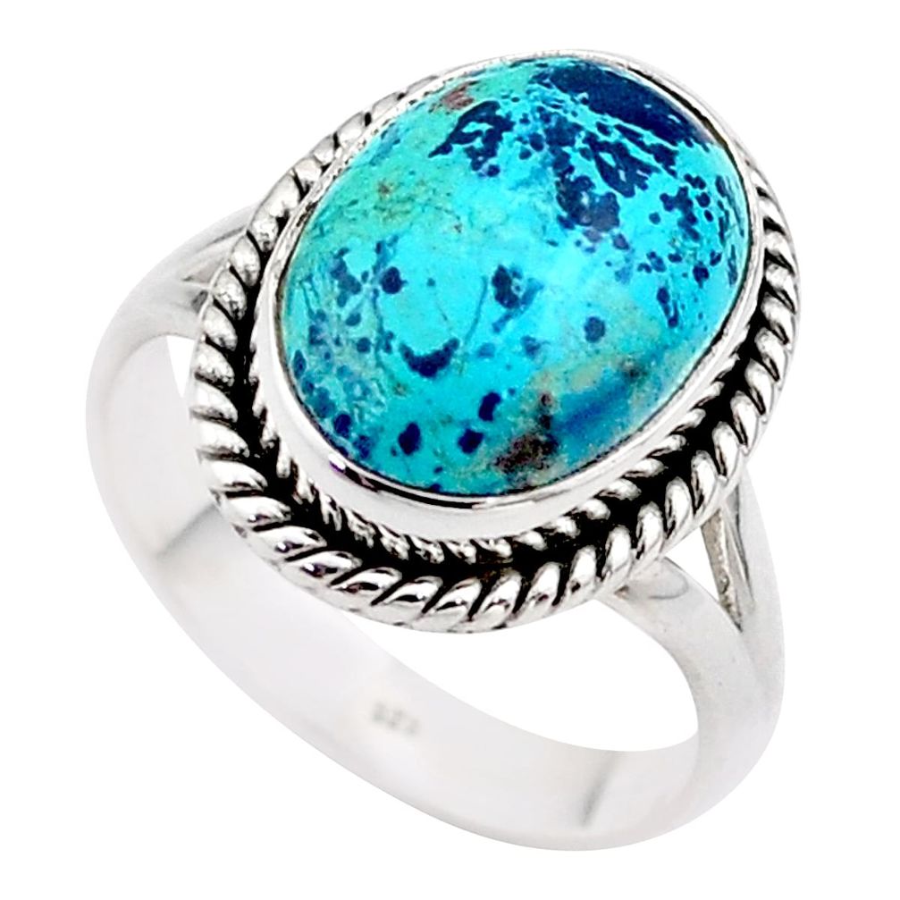 925 silver 6.02cts solitaire natural blue chrysocolla oval ring size 8 t75226