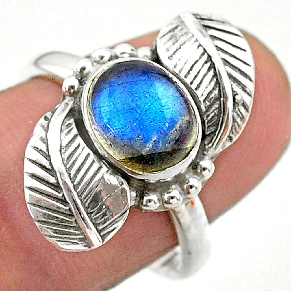 925 silver 3.28cts solitaire natural blue labradorite leaf ring size 7.5 t25238
