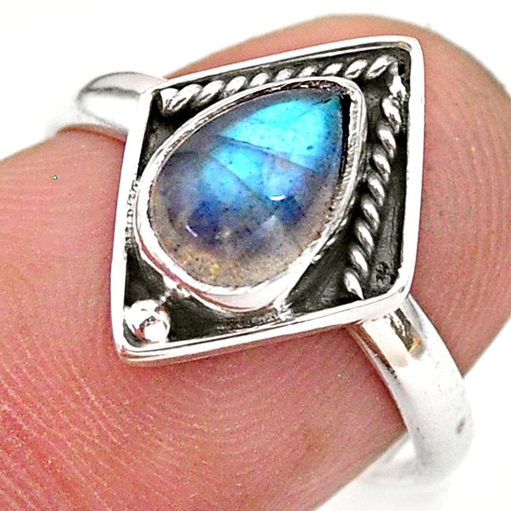 925 silver 2.45cts solitaire natural blue labradorite pear ring size 7 t28413