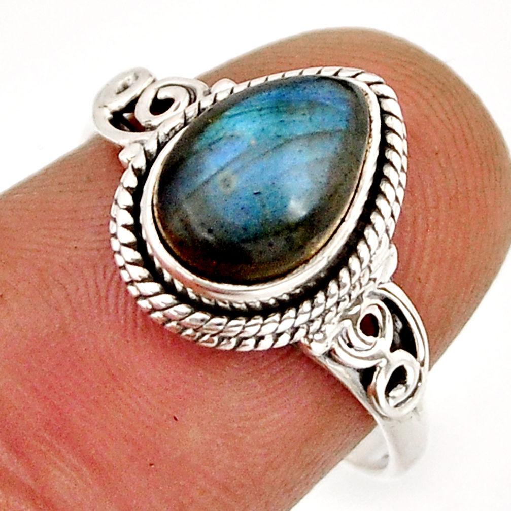925 silver 2.29cts solitaire natural blue labradorite pear ring size 7 y76253
