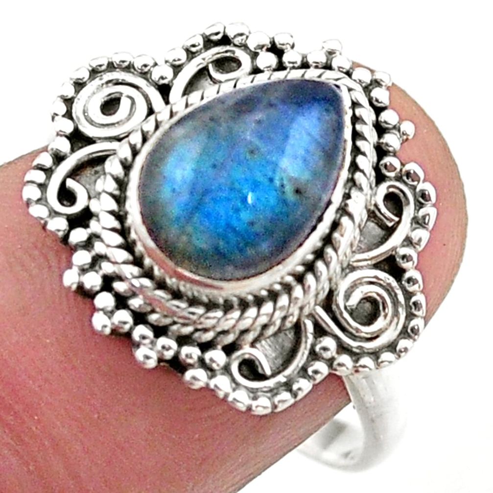 925 silver 2.54cts solitaire natural blue labradorite pear ring size 8.5 t46175