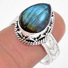 925 silver 6.52cts solitaire natural blue labradorite pear ring size 8.5 y2937