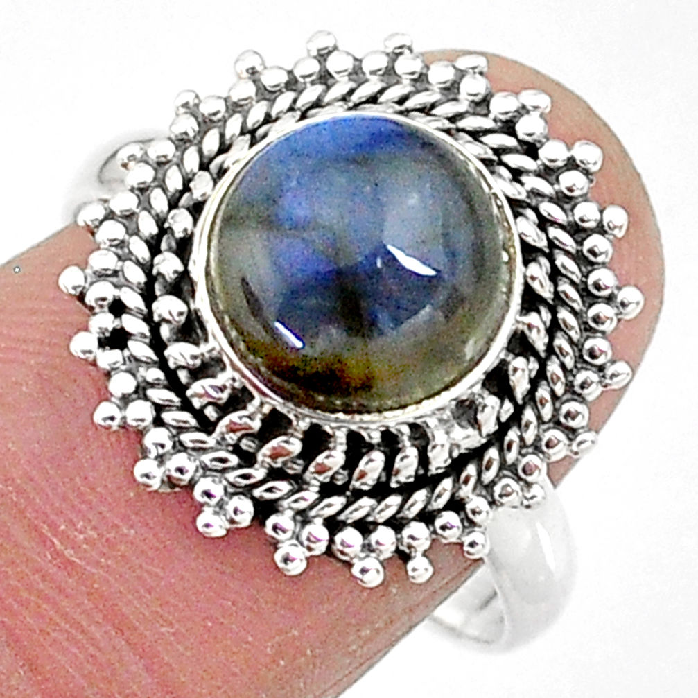 925 silver 4.70cts solitaire natural blue labradorite round ring size 8.5 t10579