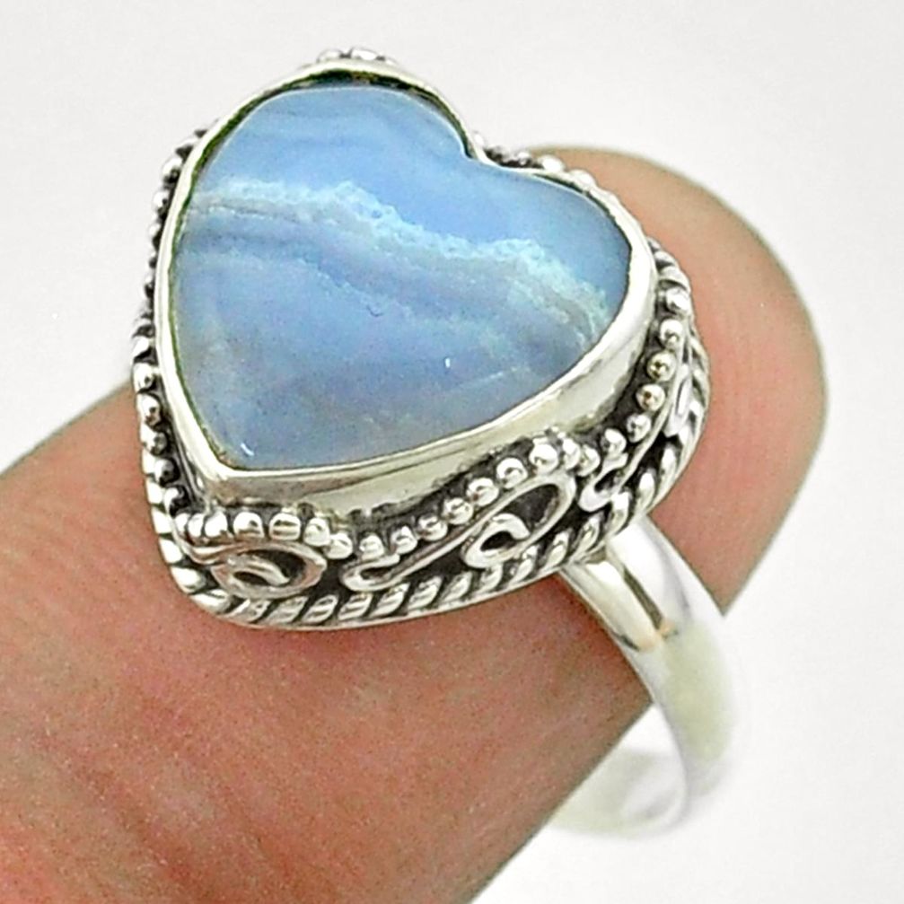 925 silver 6.04cts solitaire natural blue lace agate heart ring size 8.5 t55920