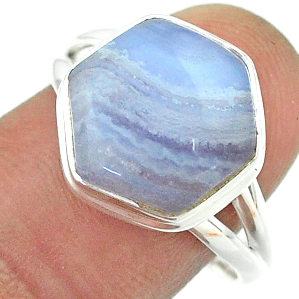 925 silver 6.36cts solitaire natural blue lace agate hexagon ring size 9 t55091