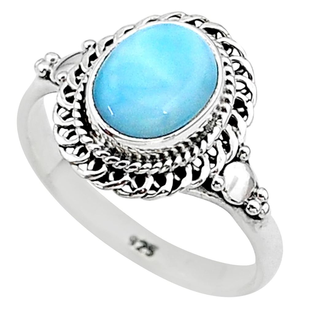 925 silver 3.10cts solitaire natural blue larimar oval shape ring size 6 t11270