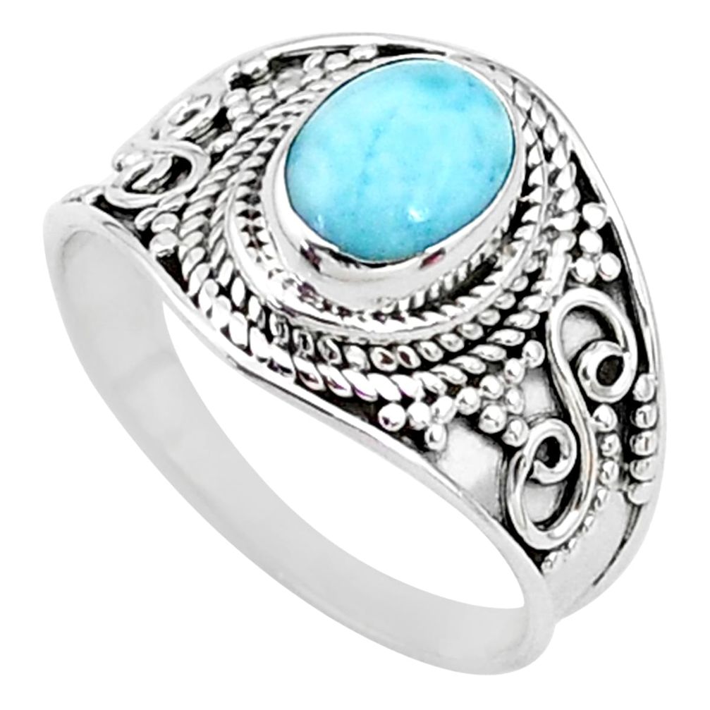 925 silver 1.96cts solitaire natural blue larimar oval shape ring size 7 t10209
