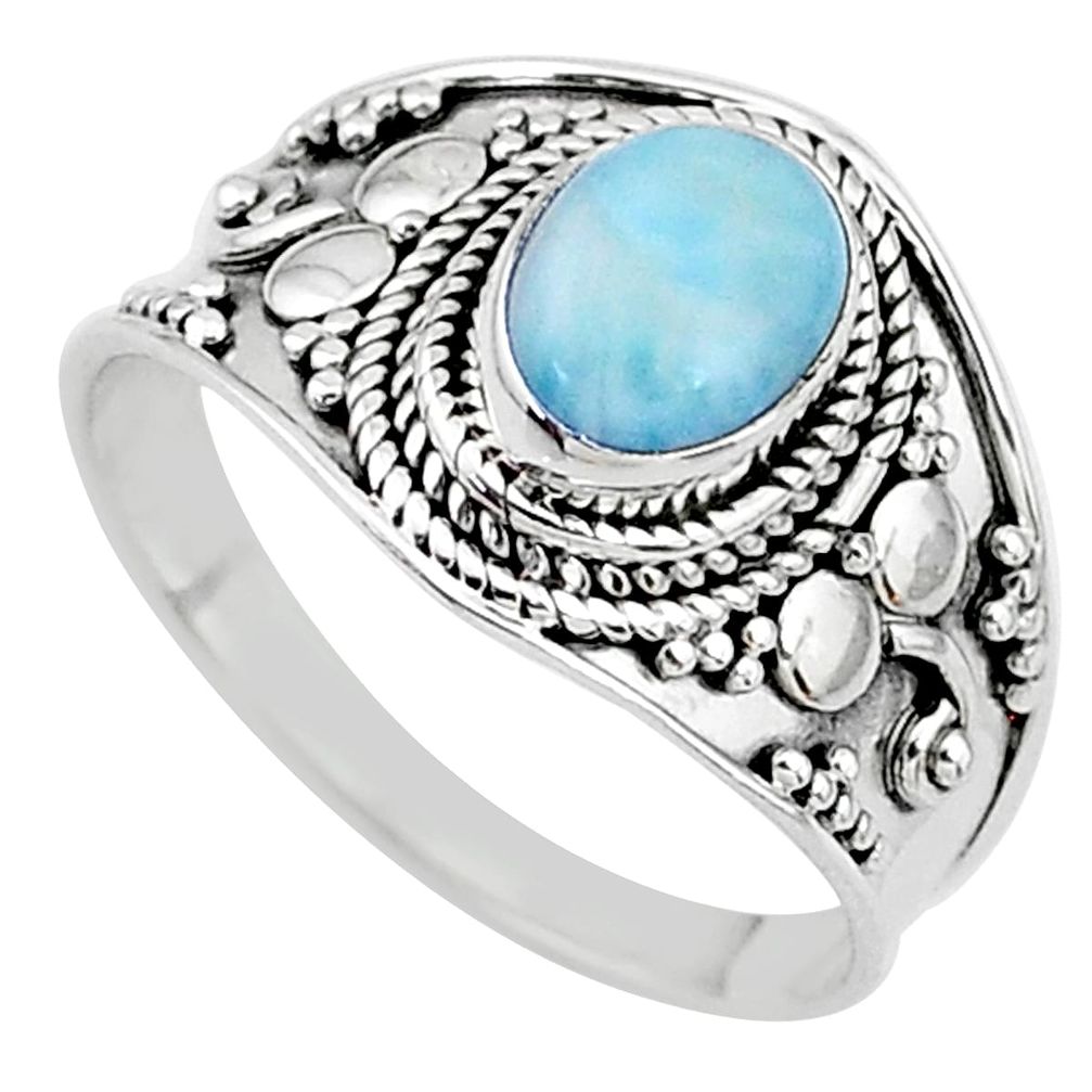 925 silver 2.20cts solitaire natural blue larimar oval shape ring size 9 t10230