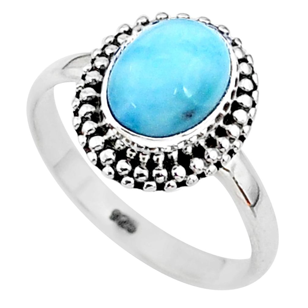 925 silver 3.13cts solitaire natural blue larimar oval shape ring size 9 t11183