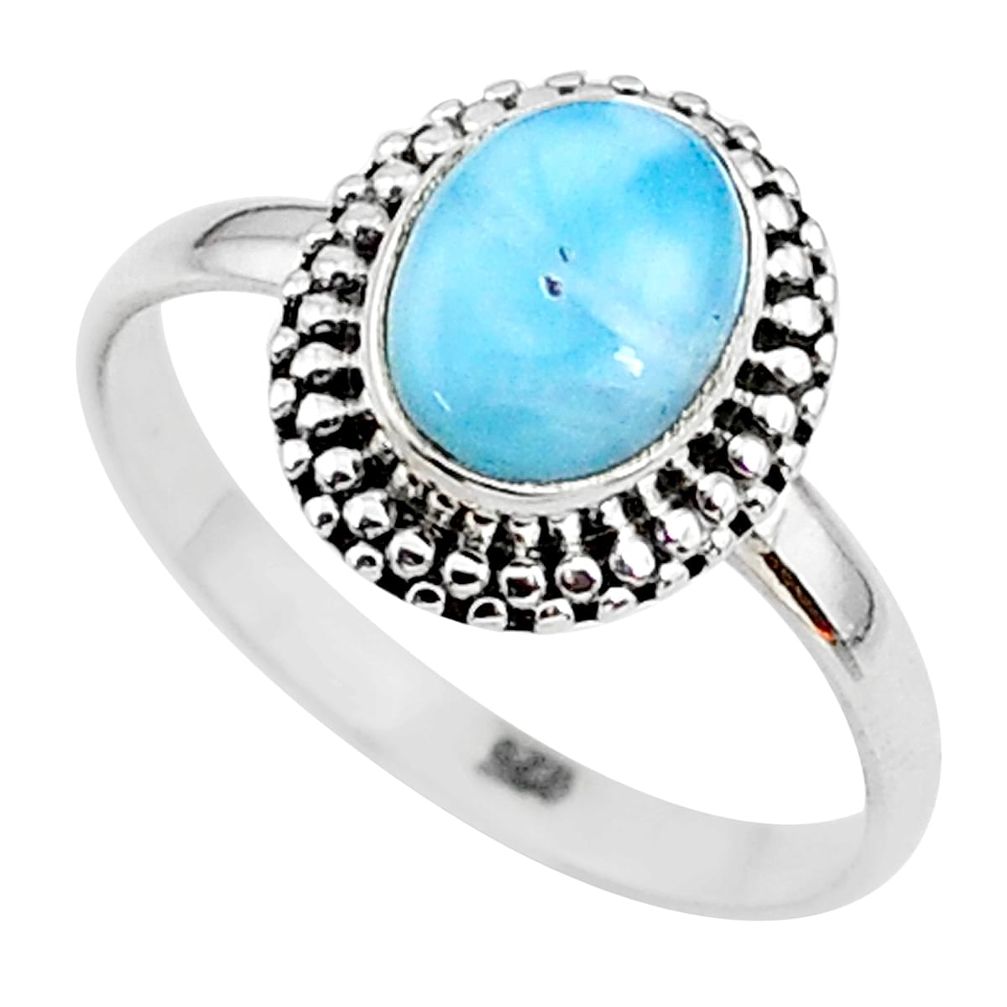 925 silver 3.08cts solitaire natural blue larimar oval shape ring size 9 t11188