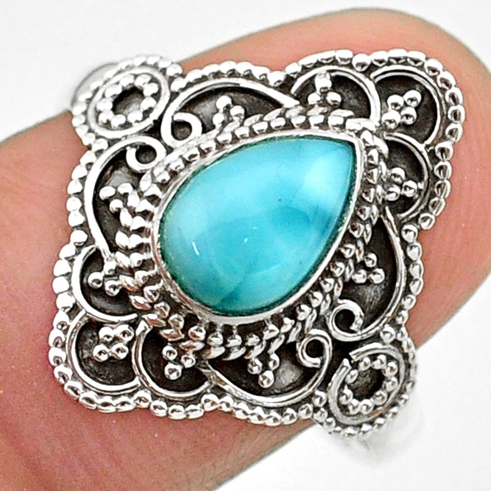 925 silver 2.17cts solitaire natural blue larimar pear ring size 9.5 t30631