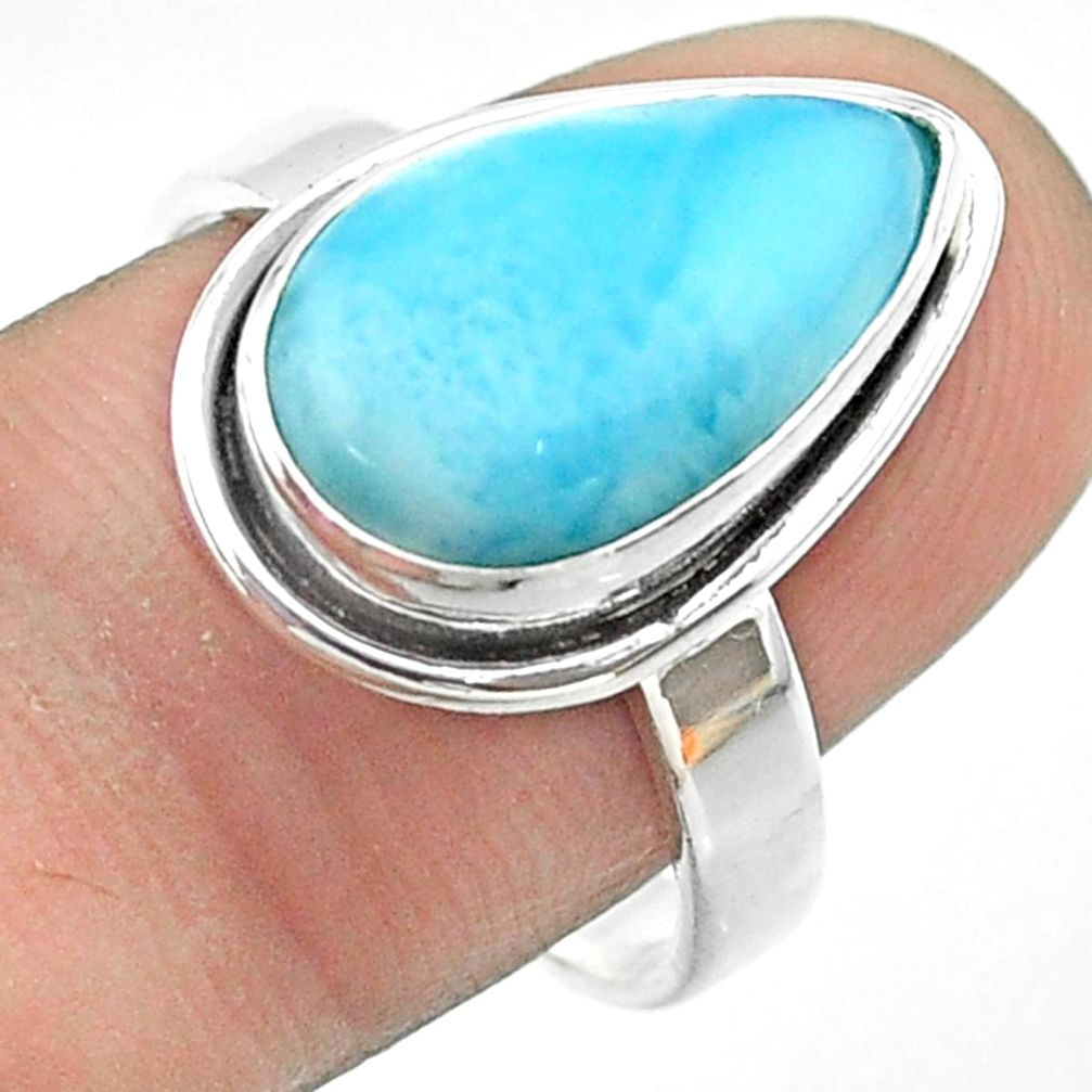 925 silver 5.53cts solitaire natural blue larimar pear ring size 8.5 t56264