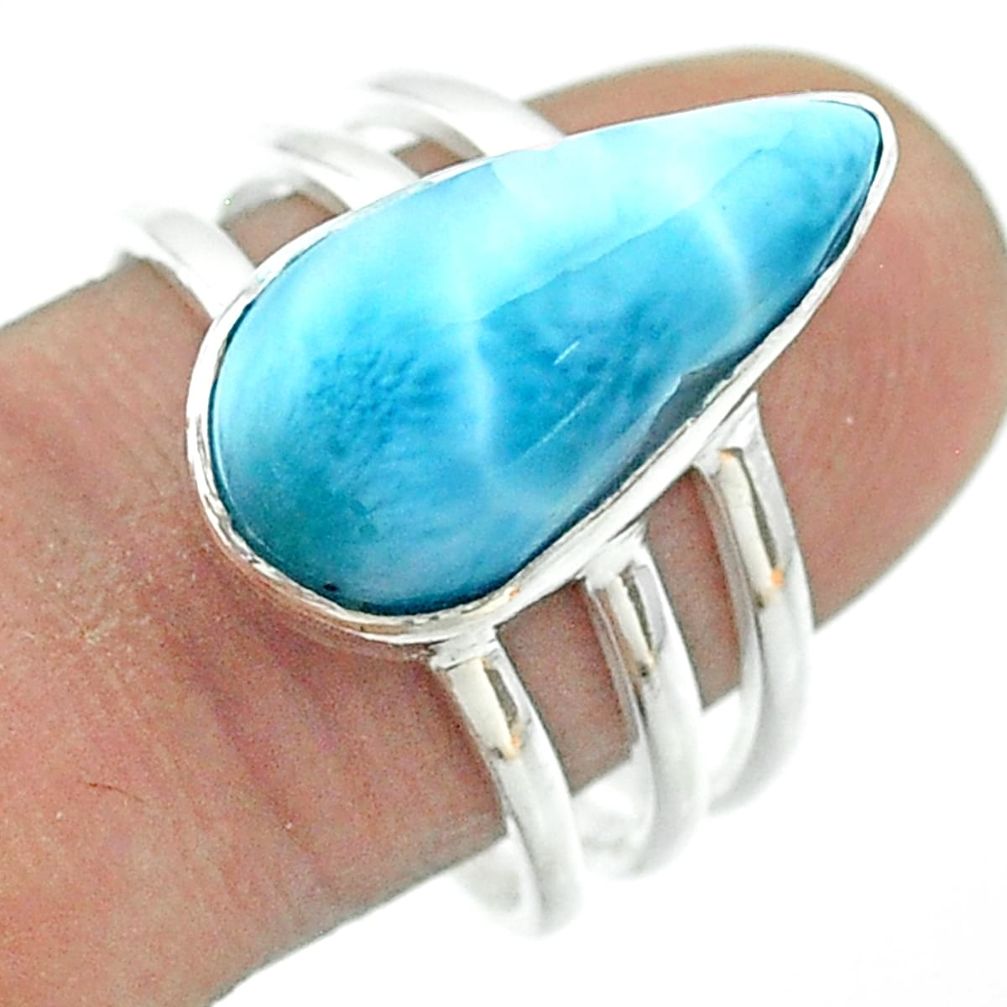 925 silver 7.00cts solitaire natural blue larimar pear ring size 8.5 t56352