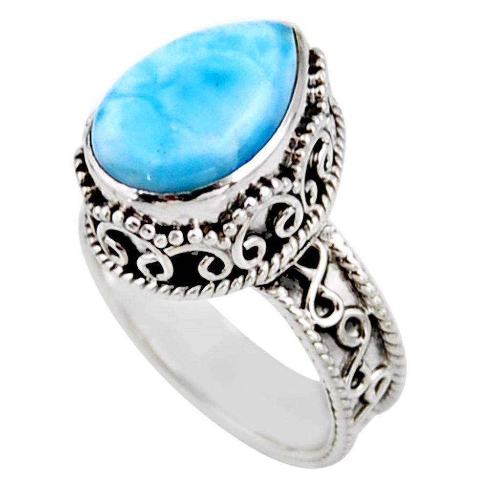 925 silver 6.75cts solitaire natural blue larimar pear shape ring size 7 r51885