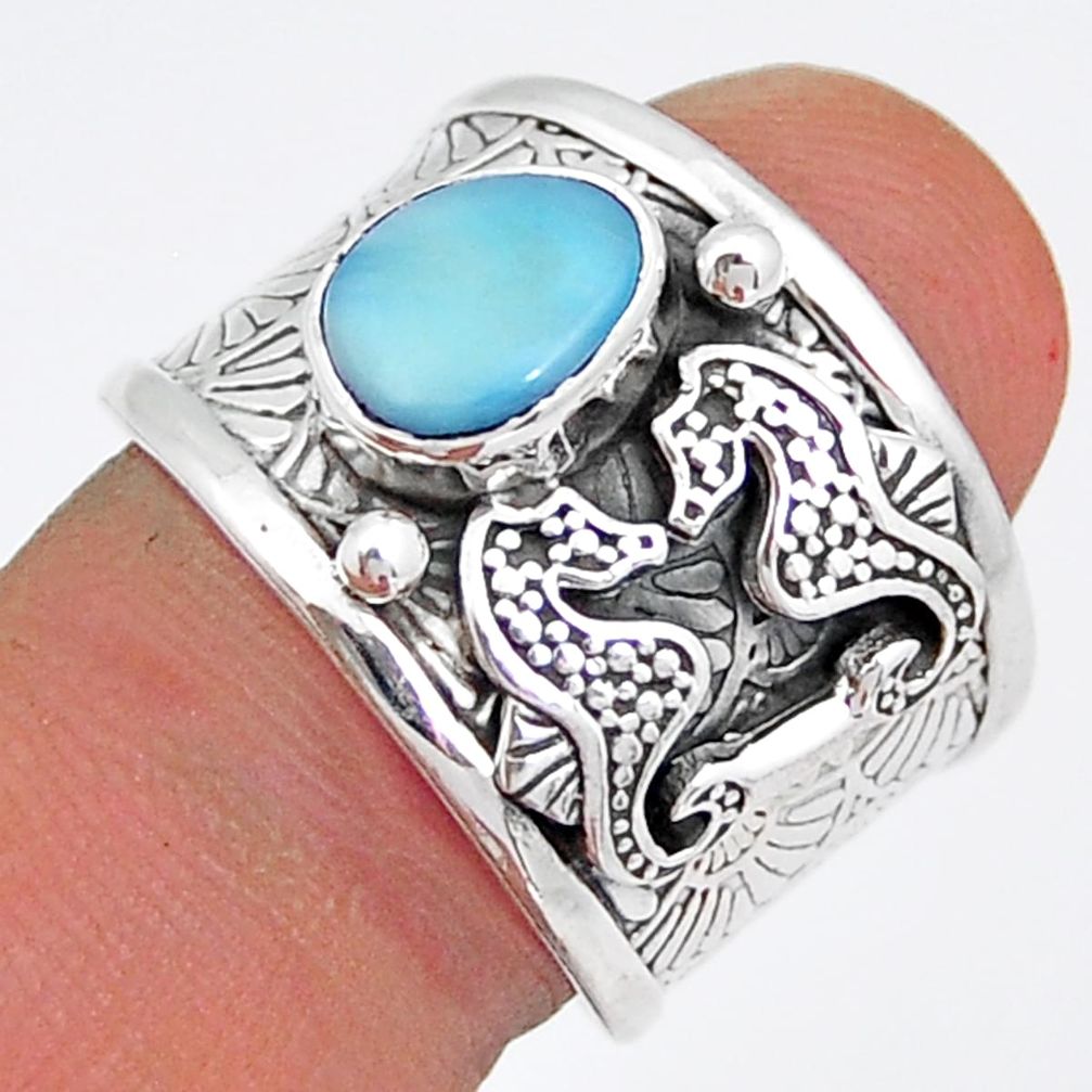 925 silver 2.90cts solitaire natural blue larimar seahorse ring size 8 y3710