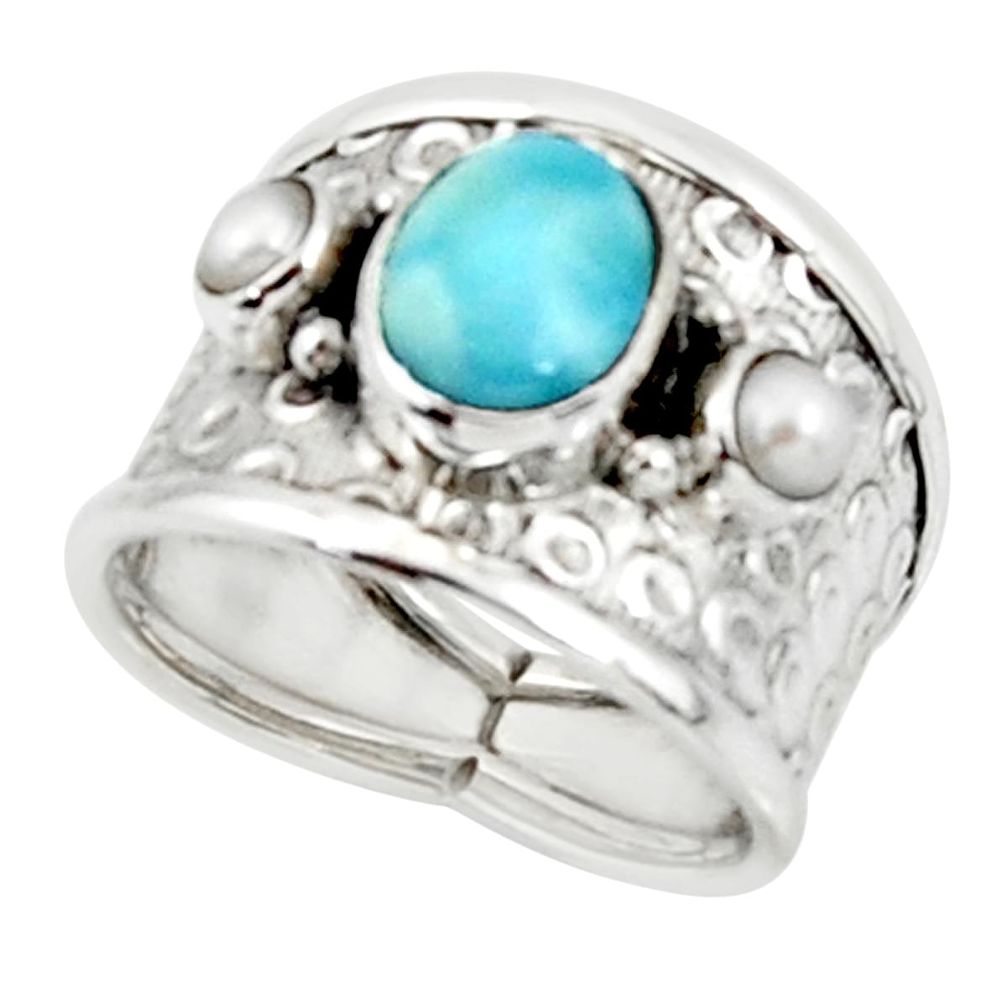 925 silver 3.29cts solitaire natural blue larimar white pearl ring size 7 r50860