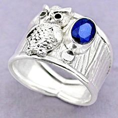 925 silver 1.71cts solitaire natural blue sapphire oval owl ring size 7.5 t32364