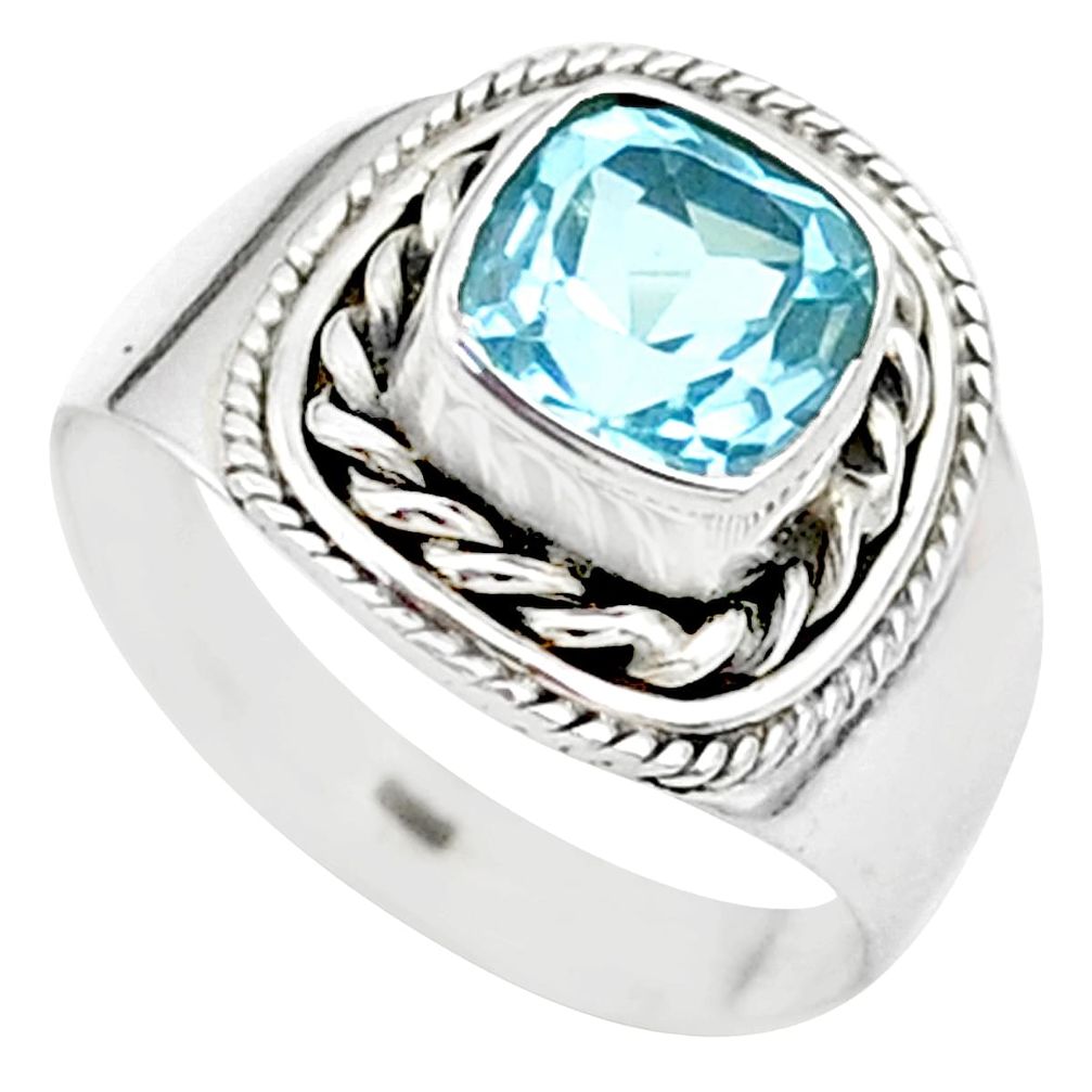 925 silver 2.58cts solitaire natural blue topaz cushion ring size 6.5 t23204