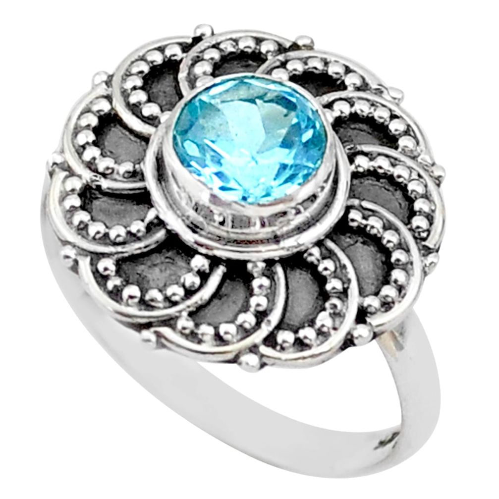 925 silver 1.06cts solitaire natural blue topaz round flower ring size 7 t43837