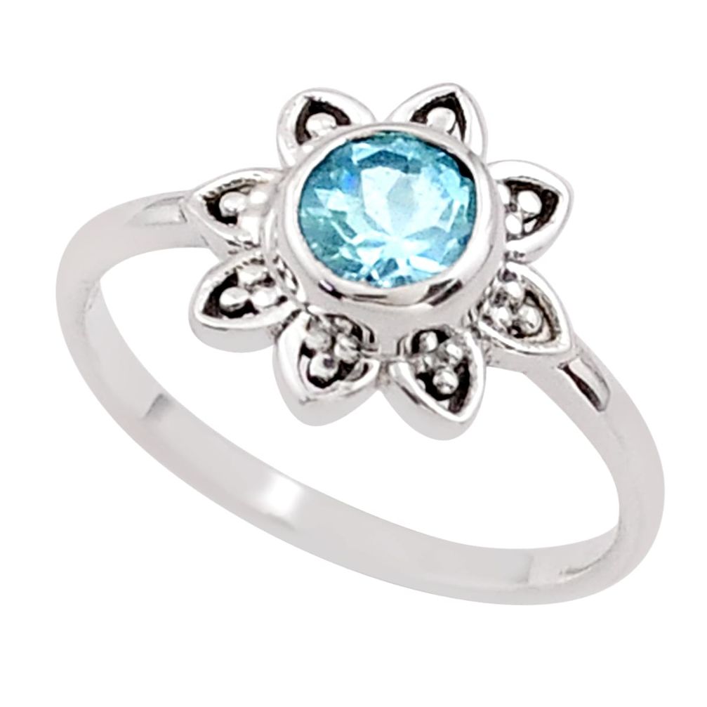 925 silver 1.24cts solitaire natural blue topaz round flower ring size 8 t84140