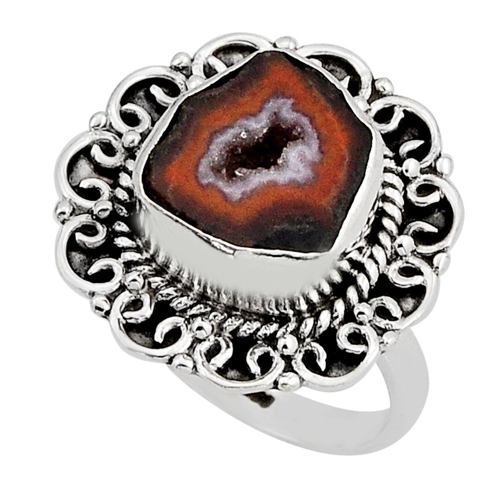 925 silver 5.83cts solitaire natural brown geode druzy fancy ring size 7.5 n7289
