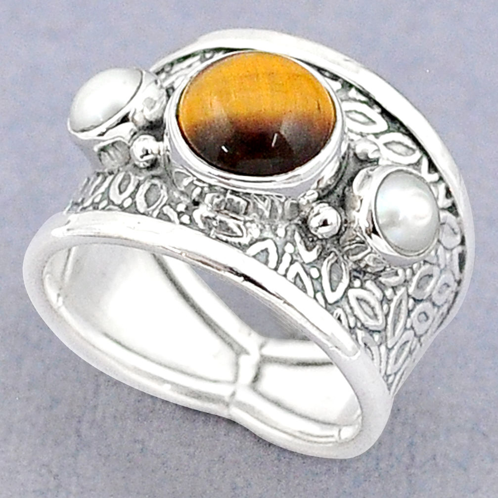 925 silver 5.26cts solitaire natural brown tiger's eye band ring size 6.5 u29532