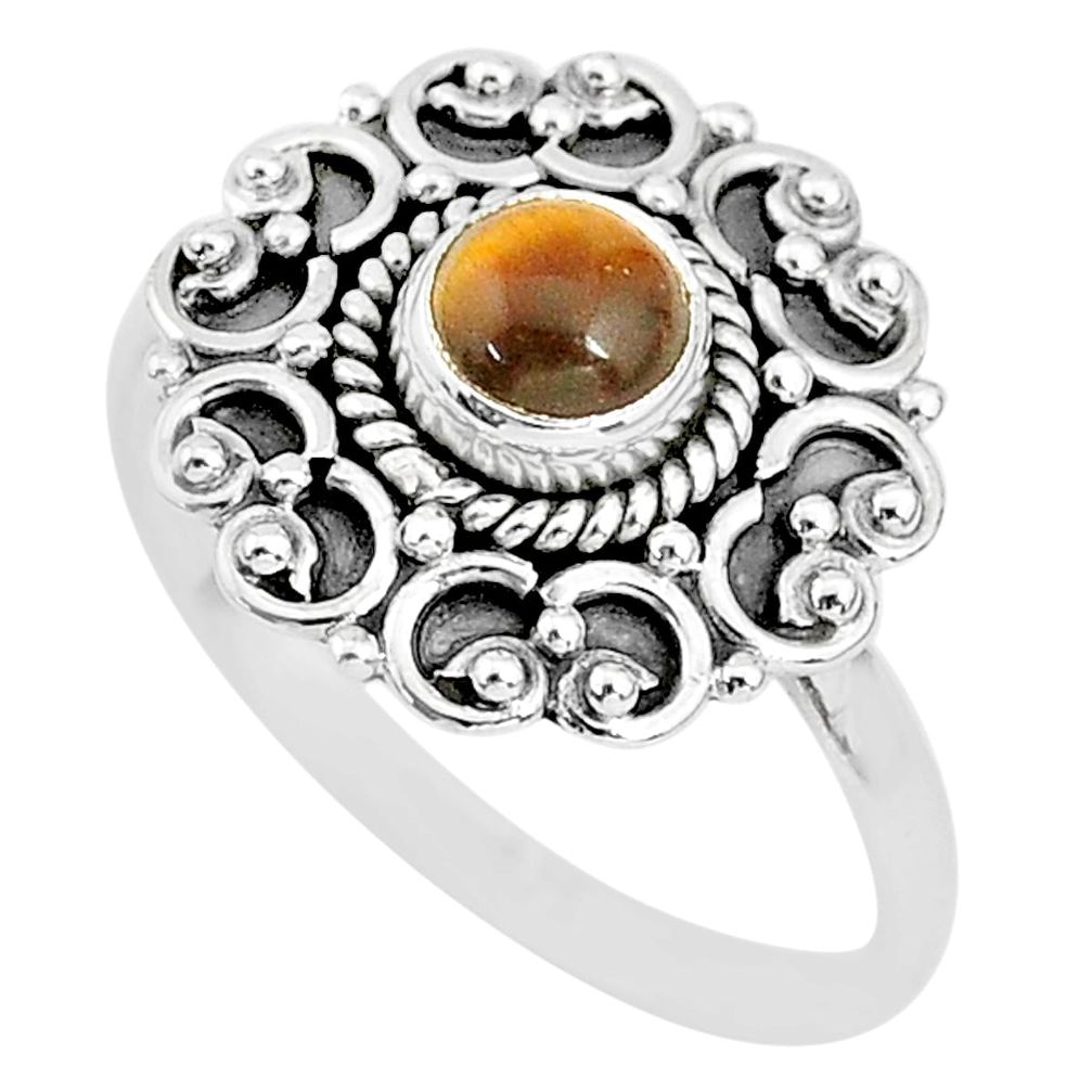 925 silver 0.82cts solitaire natural brown tiger's eye round ring size 8 t3129