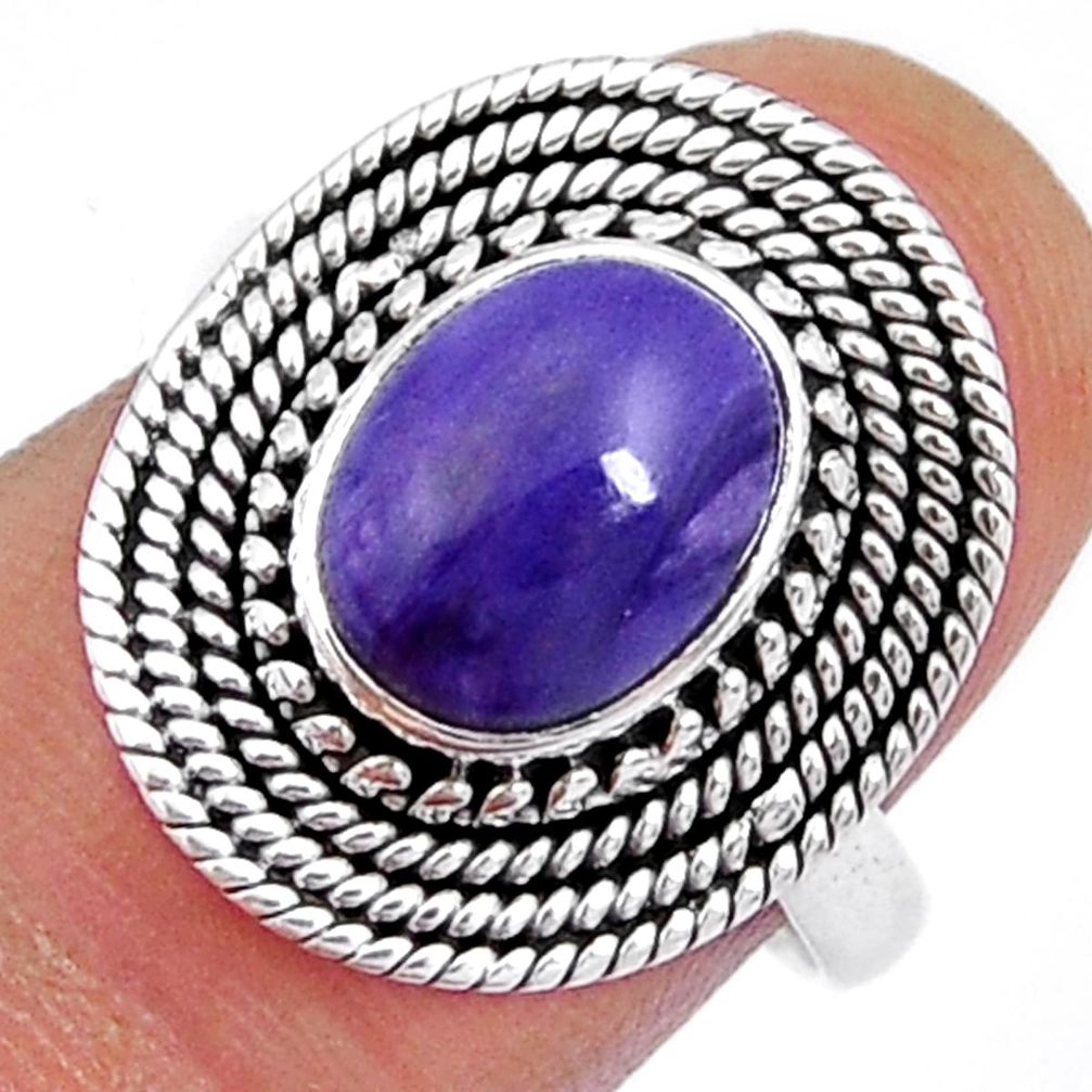 925 silver 4.33cts solitaire natural charoite (siberian) oval ring size 8 y4015