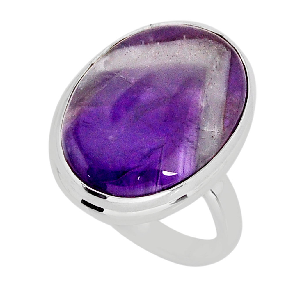 925 silver 15.80cts solitaire natural chevron amethyst oval ring size 8.5 y75340