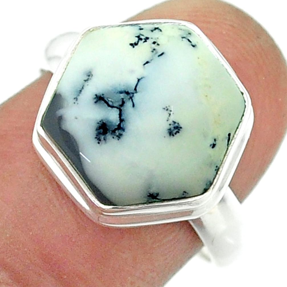 925 silver 6.36cts solitaire natural dendrite opal hexagon ring size 8 t55094