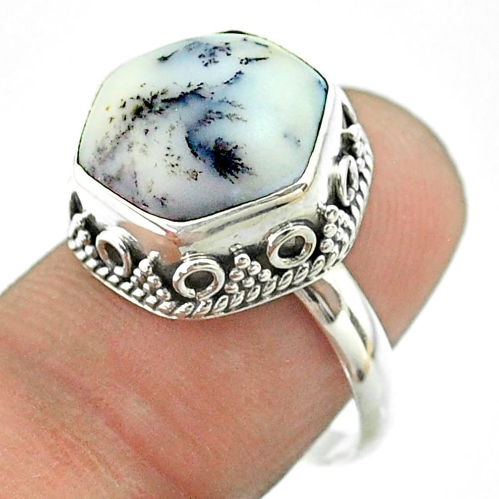 925 silver 6.30cts solitaire natural dendrite opal hexagon ring size 8 t55893