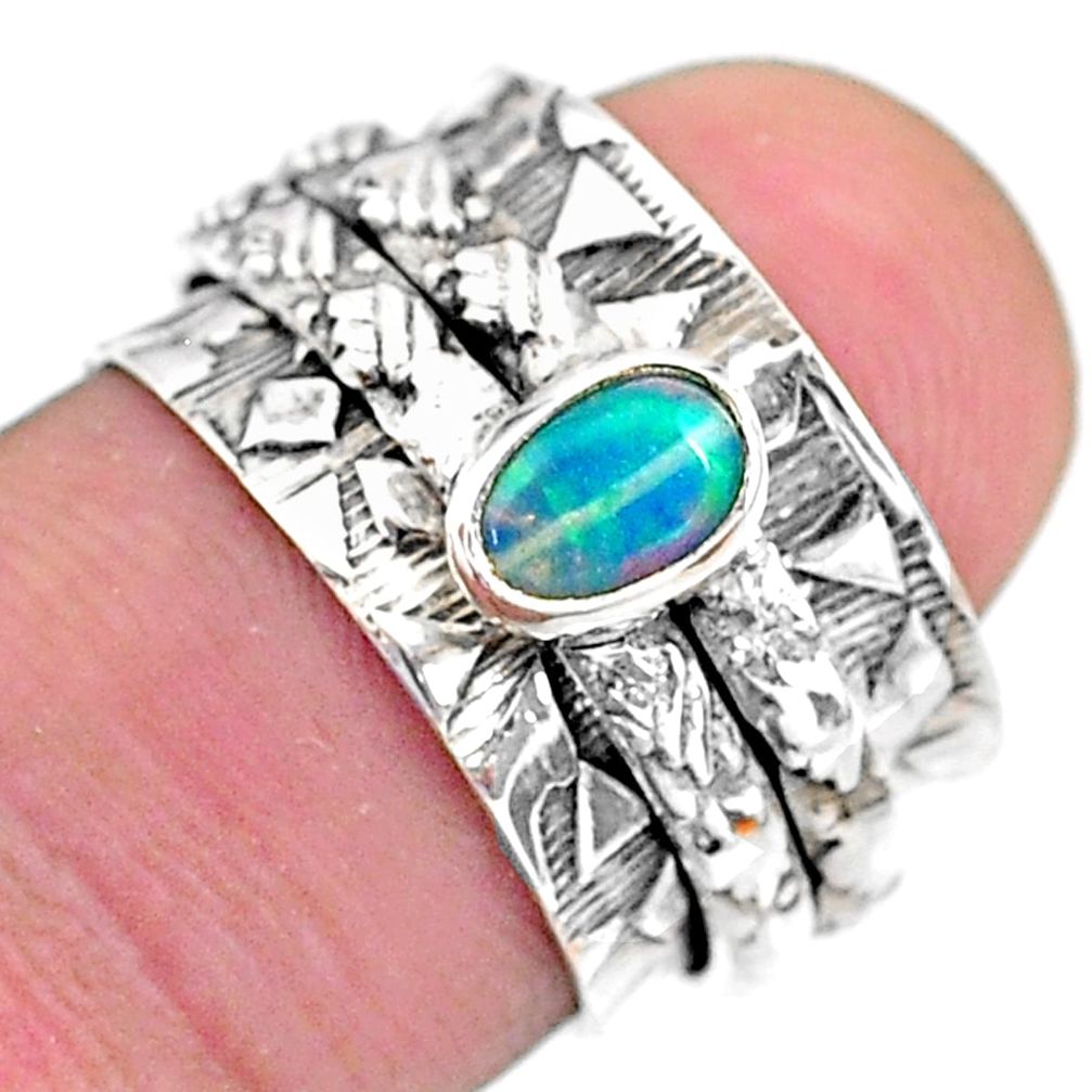 925 silver 0.65cts solitaire natural ethiopian opal spinner ring size 6 t31757