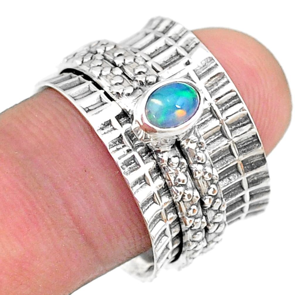 925 silver 0.74cts solitaire natural ethiopian opal spinner ring size 7.5 t31478