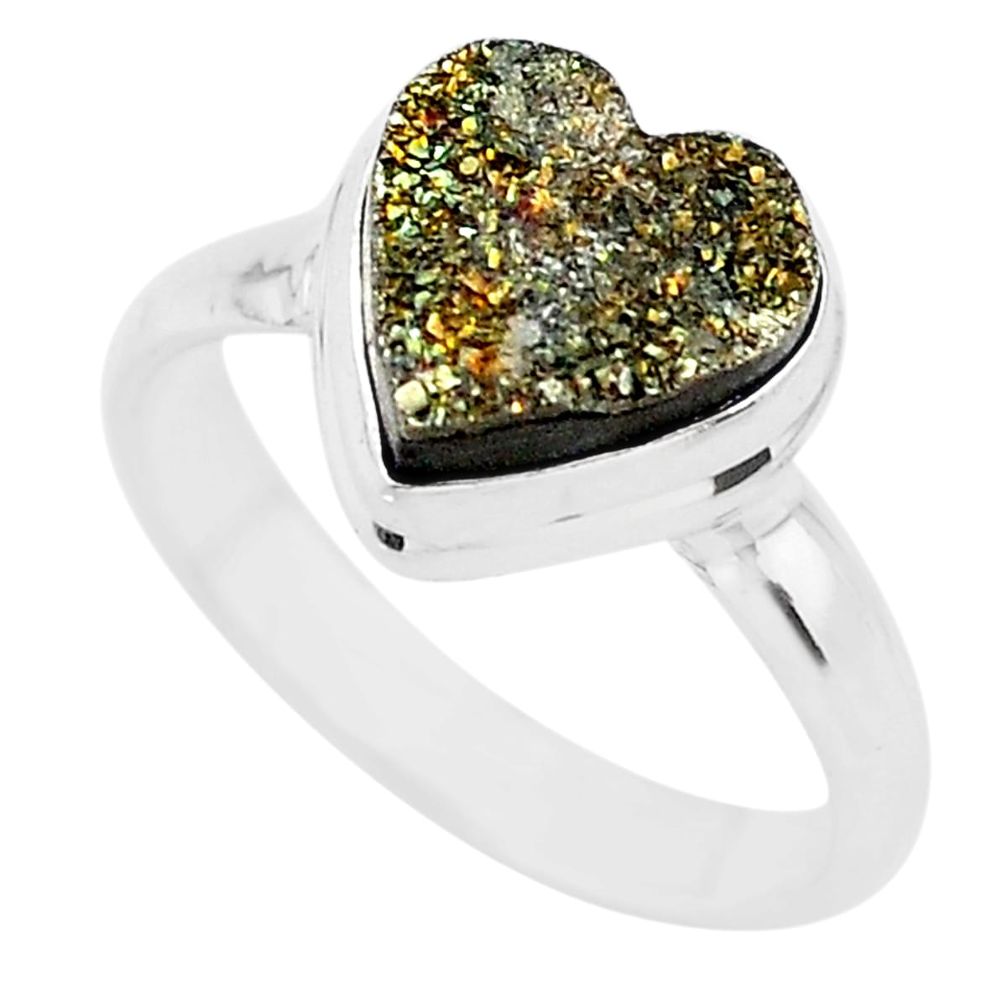925 silver 5.08cts heart golden pyrite druzy handmade ring size 8 t21766