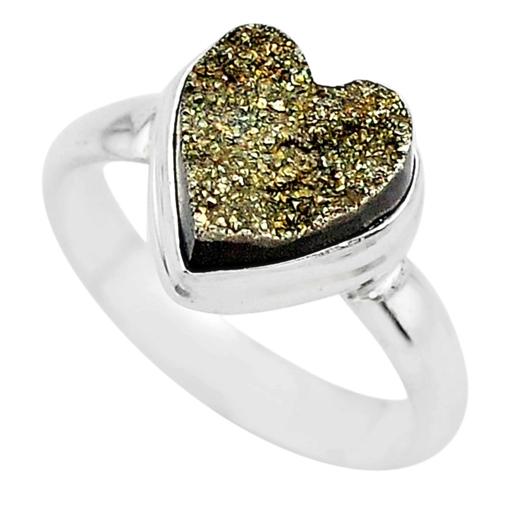 925 silver 5.11cts heart golden pyrite druzy handmade ring size 8 t21773