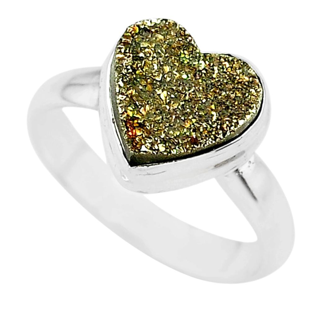 925 silver 5.11cts heart golden pyrite druzy handmade ring size 8 t21776