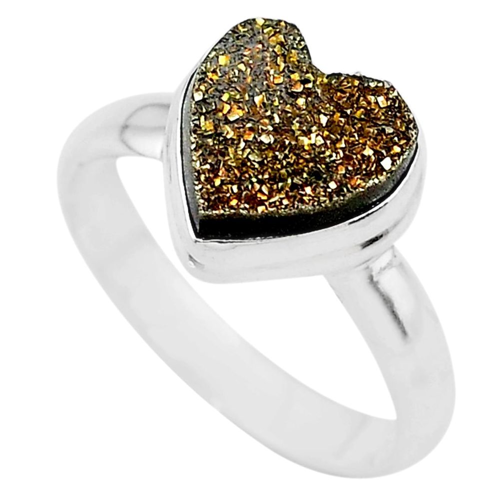 925 silver 5.36cts heart golden pyrite druzy handmade ring size 9 t21768