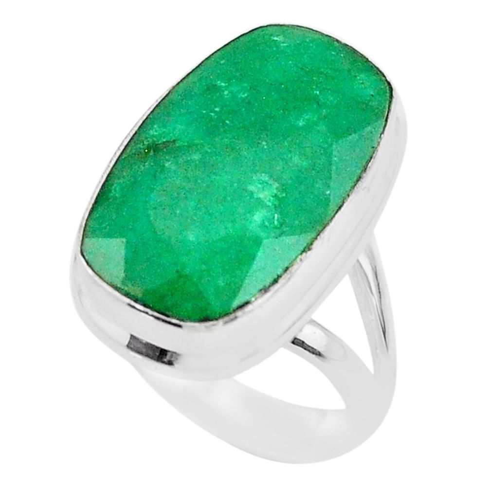 925 silver 13.79cts solitaire natural green emerald octagan ring size 6.5 t47239