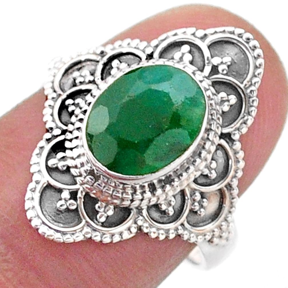 925 silver 3.22cts solitaire natural green emerald oval ring size 7 t46586