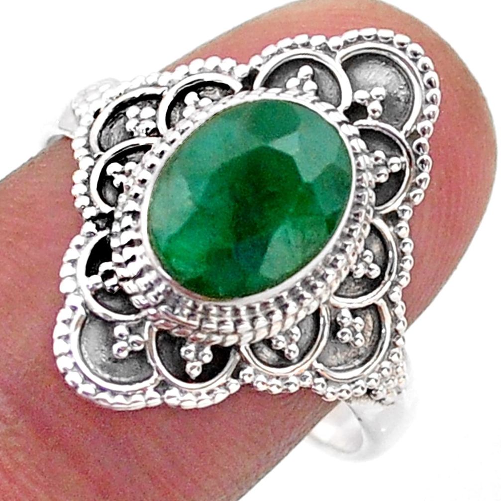 925 silver 3.22cts solitaire natural green emerald oval ring size 9.5 t46591