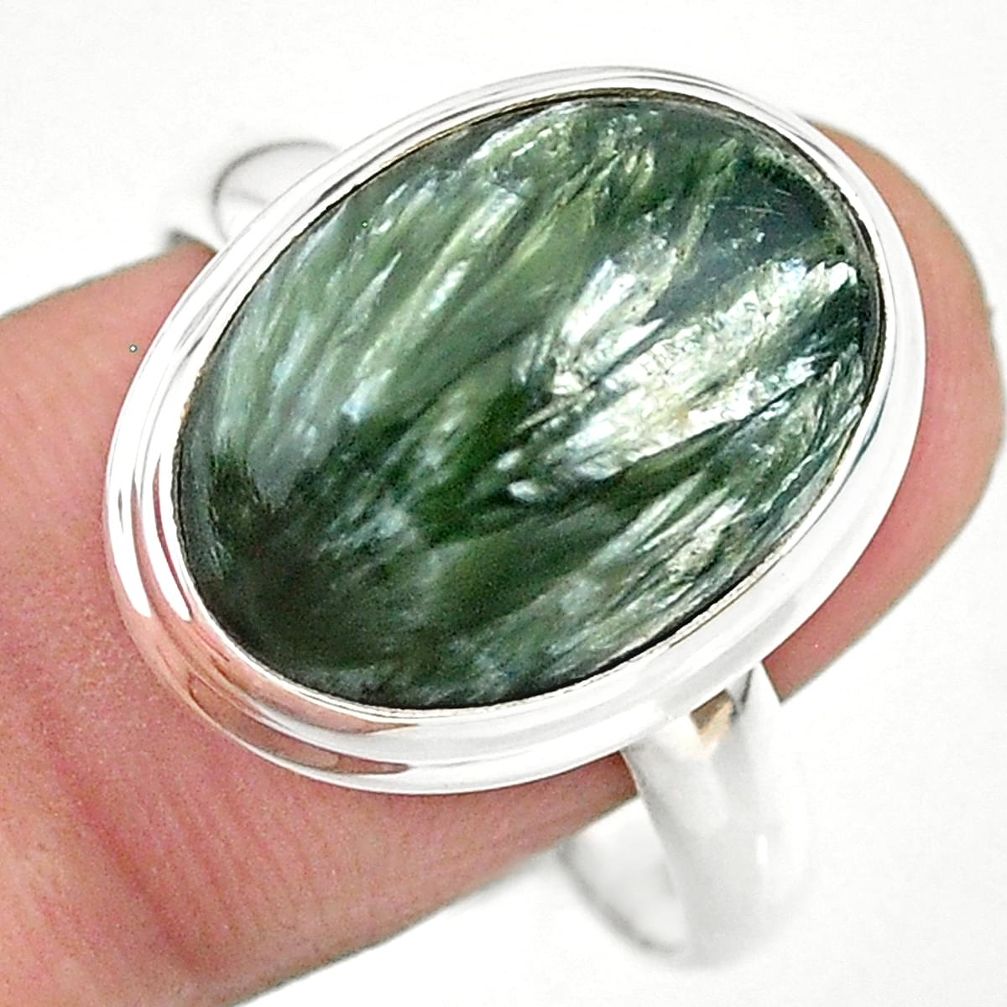 925 silver 13.77cts solitaire natural green seraphinite oval ring size 11 t24715