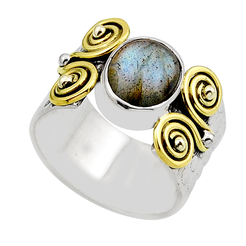 925 silver 4.13cts solitaire natural labradorite gold band ring size 7.5 y88036